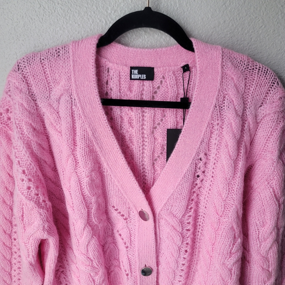 The Kooples V Neck Cable Weave Knitted Cardigan Size FR 3 US 8 In Pink NWT - Picture 3 of 9